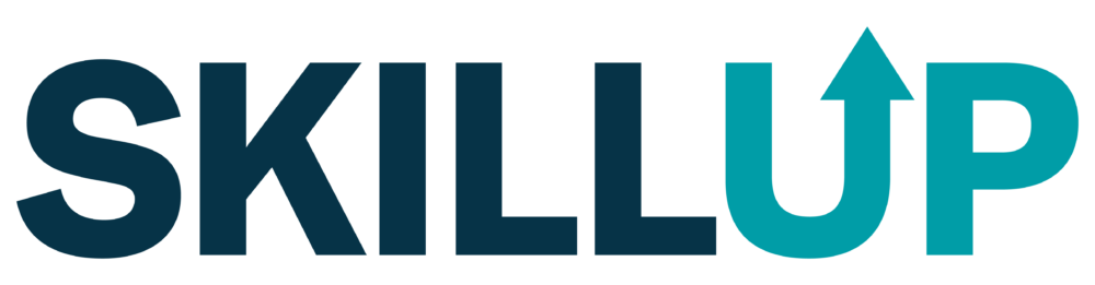 SkillUp Logo, blue title text with an arrow at the top of the right prong of "U".